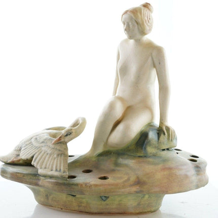 1920's Weller Art Nouveau woman flower frog with swan - Estate Fresh Austin