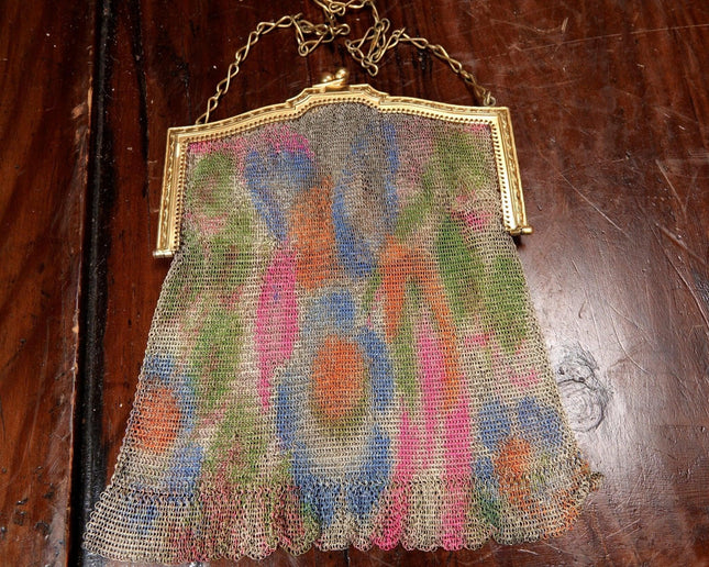 1920's Whiting & Davis Art Deco Mesh Handbag vivid Geometric Flowers - Estate Fresh Austin