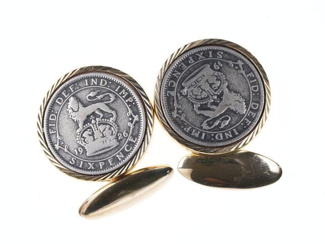 1926 1927 Silver sixpence cufflinks with gilt sterling mounts - Estate Fresh Austin