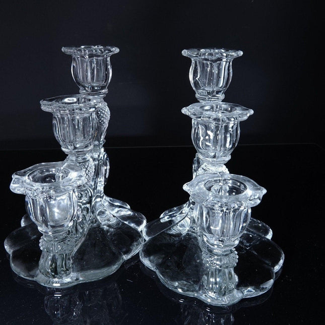 1930's Cambridge Elegant American Glass 3 Lite Candlesticks with Crosshatch stem - Estate Fresh Austin