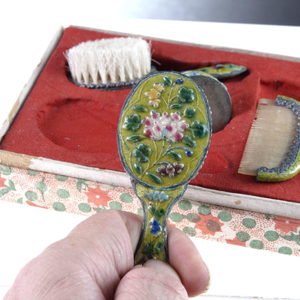 1930's Chinese Enamel Doll/Childrens Brush Mirror/Trinket box and Comb Set - Estate Fresh Austin