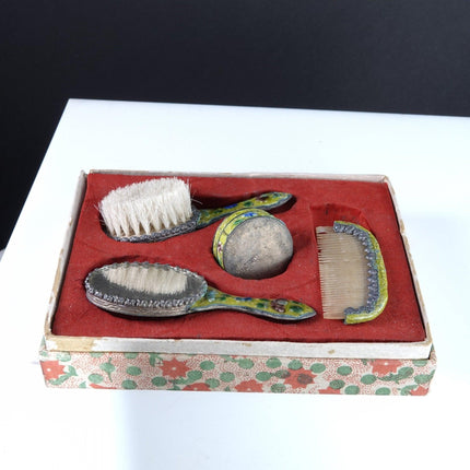 1930's Chinese Enamel Doll/Childrens Brush Mirror/Trinket box and Comb Set - Estate Fresh Austin