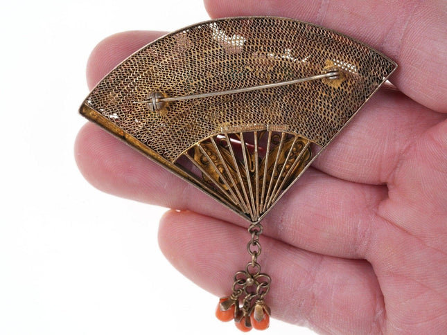 1930's Chinese Gilt Sterling Silver Enamel with Turquoise and coral fan brooch pin - Estate Fresh Austin