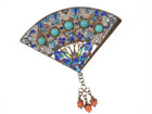 1930's Chinese Gilt Sterling Silver Enamel with Turquoise and coral fan brooch pin - Estate Fresh Austin