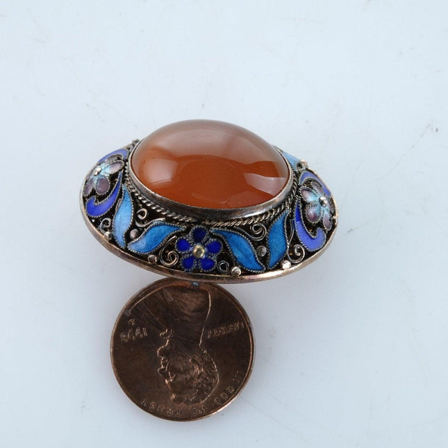 1930's Chinese Sterling Silver Enamel Agate brooch pin - Estate Fresh Austin