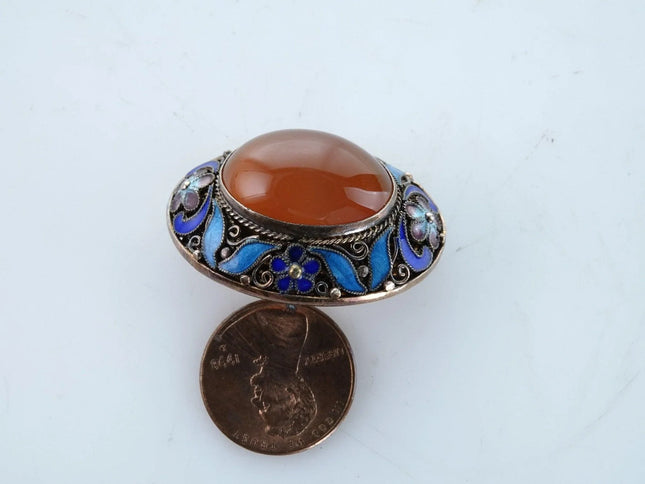 1930's Chinese Sterling Silver Enamel Agate brooch pin - Estate Fresh Austin