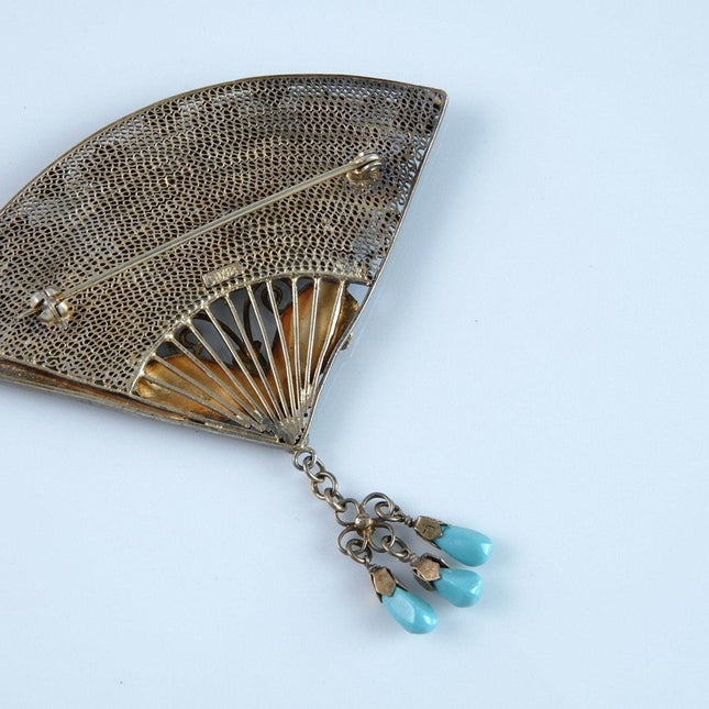 1930's Chinese Sterling Silver EnamelTurquoise gilt filigree fan Brooch pin - Estate Fresh Austin