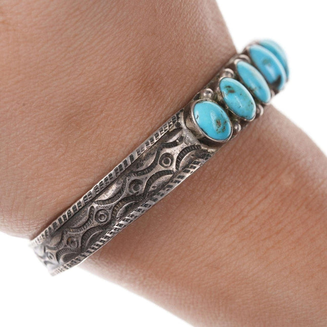 1930's Native American Sterling/turquoise heavy stamped cuff bracelet y - Estate Fresh Austin