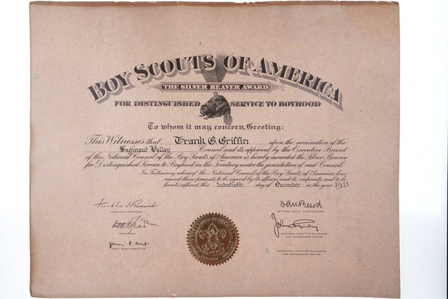 1933 Boy Scout Silver Beaver Award With Certificate Frank Griffin Saginaw Michig - Estate Fresh Austin