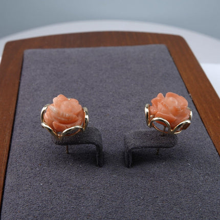 1940's 14k Gold and Angel Skin Coral Earrings Hand Carved - Estate Fresh Austin