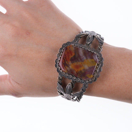 1940's 6.5" Navajo Stamped silver twisted wire petrified wood bracelet - Estate Fresh Austin