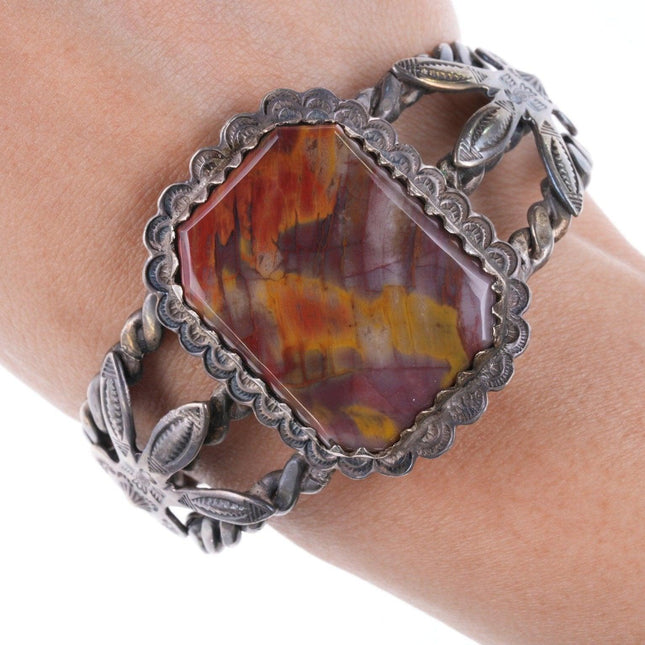 1940's 6.5" Navajo Stamped silver twisted wire petrified wood bracelet - Estate Fresh Austin