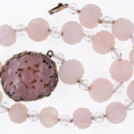 1940's Art Deco Chinese Silver Mounted Rose Quartz Necklace - Estate Fresh Austin