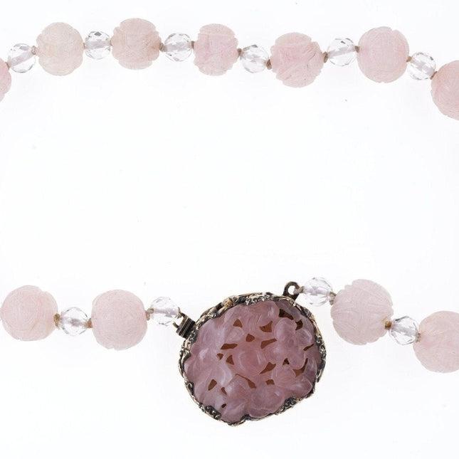 1940's Art Deco Chinese Silver Mounted Rose Quartz Necklace - Estate Fresh Austin