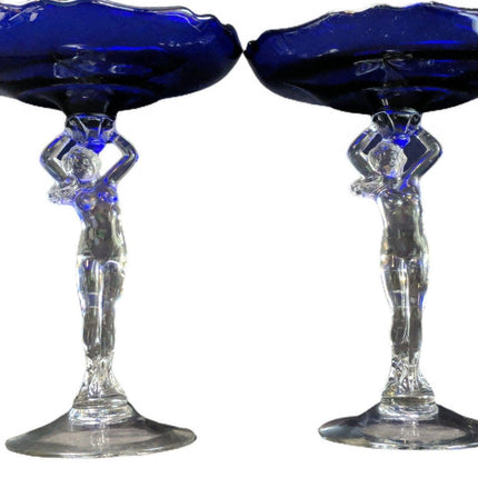 1940's Cambridge Nude Stem Cobalt Blue Compote Pair 8.25" x 6 5/8" - Estate Fresh Austin