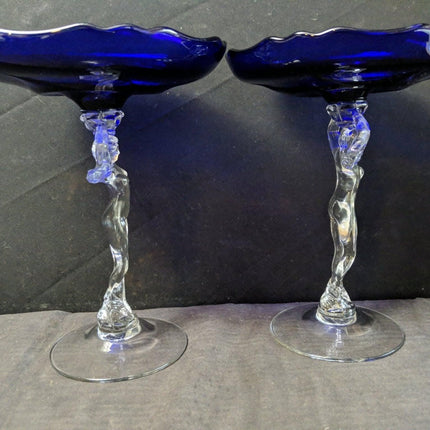 1940's Cambridge Nude Stem Cobalt Blue Compote Pair 8.25" x 6 5/8" - Estate Fresh Austin