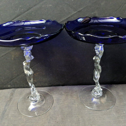 1940's Cambridge Nude Stem Cobalt Blue Compote Pair 8.25" x 6 5/8" - Estate Fresh Austin