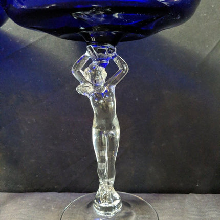 1940's Cambridge Nude Stem Cobalt Blue Compote Pair 8.25" x 6 5/8" - Estate Fresh Austin