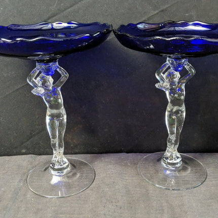 1940's Cambridge Nude Stem Cobalt Blue Compote Pair 8.25" x 6 5/8" - Estate Fresh Austin