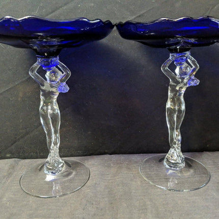 1940's Cambridge Nude Stem Cobalt Blue Compote Pair 8.25" x 6 5/8" - Estate Fresh Austin