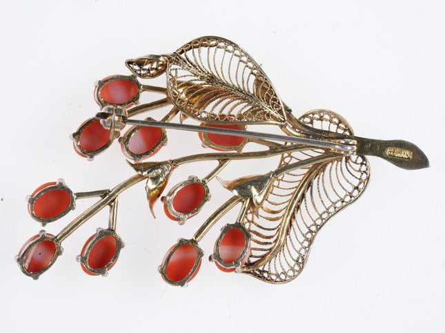 1940's Chinese Coral/Gilt Silver filigree brooch pin - Estate Fresh Austin