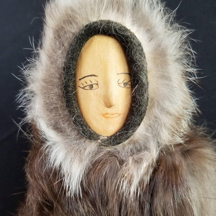 1940's Eskimo Doll Carved Wood Fur Coat glass Beads hair pants leather moccasins - Estate Fresh Austin