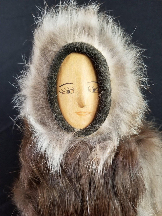 1940's Eskimo Doll Carved Wood Fur Coat glass Beads hair pants leather moccasins - Estate Fresh Austin