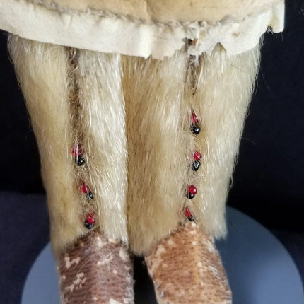 1940's Eskimo Doll Carved Wood Fur Coat glass Beads hair pants leather moccasins - Estate Fresh Austin