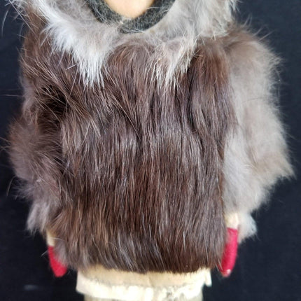 1940's Eskimo Doll Carved Wood Fur Coat glass Beads hair pants leather moccasins - Estate Fresh Austin