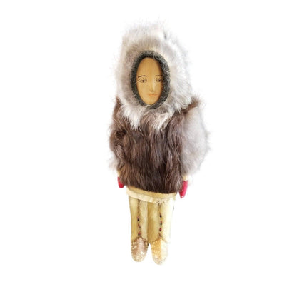 1940's Eskimo Doll Carved Wood Fur Coat glass Beads hair pants leather moccasins - Estate Fresh Austin