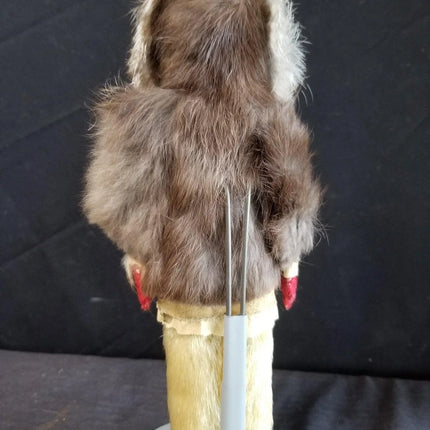 1940's Eskimo Doll Carved Wood Fur Coat glass Beads hair pants leather moccasins - Estate Fresh Austin