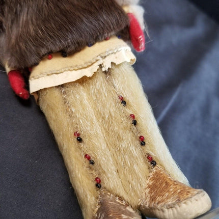 1940's Eskimo Doll Carved Wood Fur Coat glass Beads hair pants leather moccasins - Estate Fresh Austin