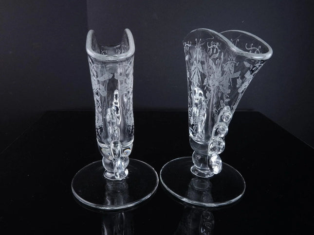 1940's Heisey Orchid Etching on Lariat blank Fan vases pair - Estate Fresh Austin