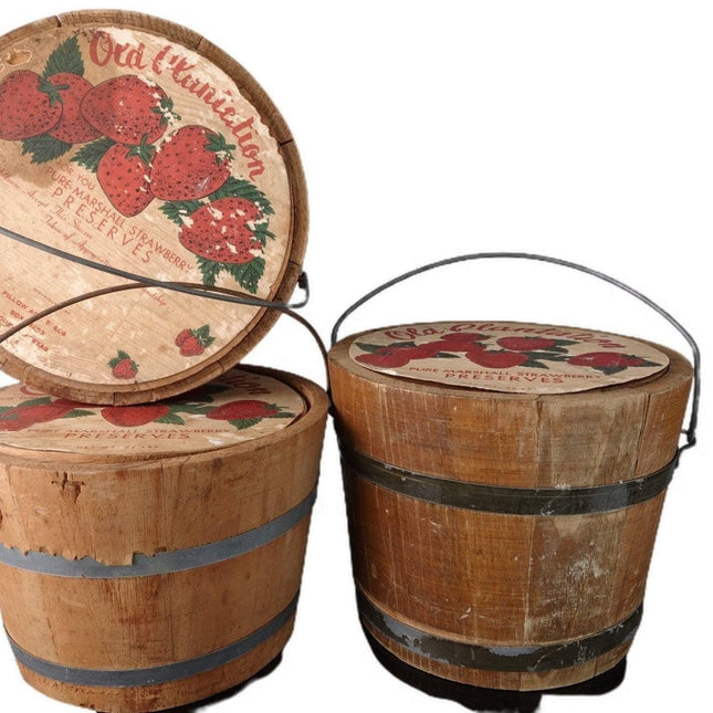 1940's Houston Texas Old Plantation Strawberry Preserves staved wood buckets - Estate Fresh Austin