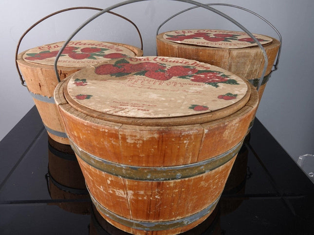 1940's Houston Texas Old Plantation Strawberry Preserves staved wood buckets - Estate Fresh Austin