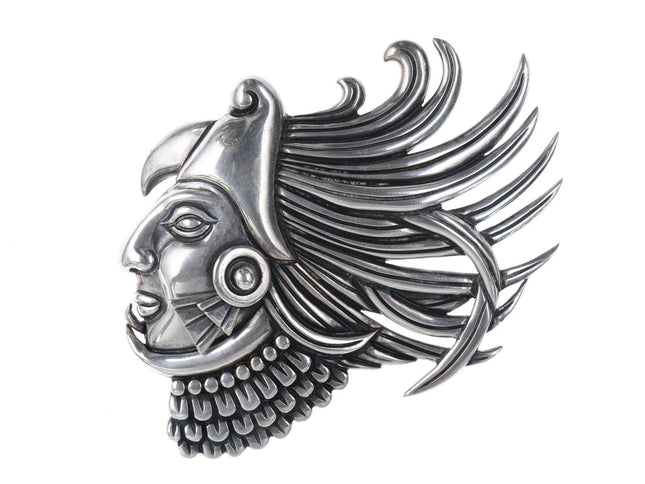 1940's Margot de Taxco Los Castillo Sterling Aztec Eagle Warrior Fur clip - Estate Fresh Austin