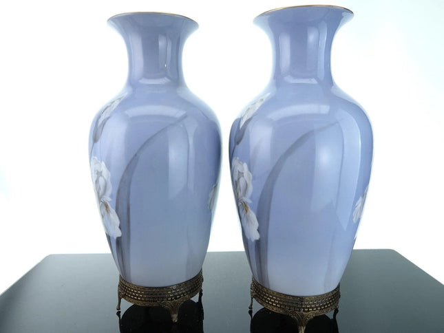 1940's Noritake Hand Painted Iris Vases On brass Stands Pair - Estate Fresh Austin