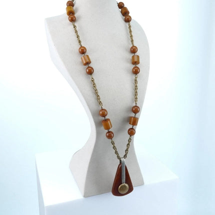 1940s Period Art Deco Butterscotch Bakelite Necklace/Brass Mixed Metal Pendant - Estate Fresh Austin