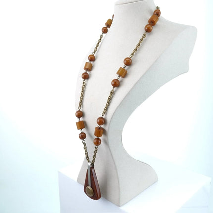 1940s Period Art Deco Butterscotch Bakelite Necklace/Brass Mixed Metal Pendant - Estate Fresh Austin