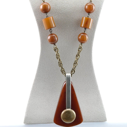 1940s Period Art Deco Butterscotch Bakelite Necklace/Brass Mixed Metal Pendant - Estate Fresh Austin