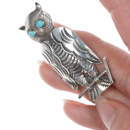 1940's UITA22 Navajo Stamped silver owl pin with turquoise - Estate Fresh Austin