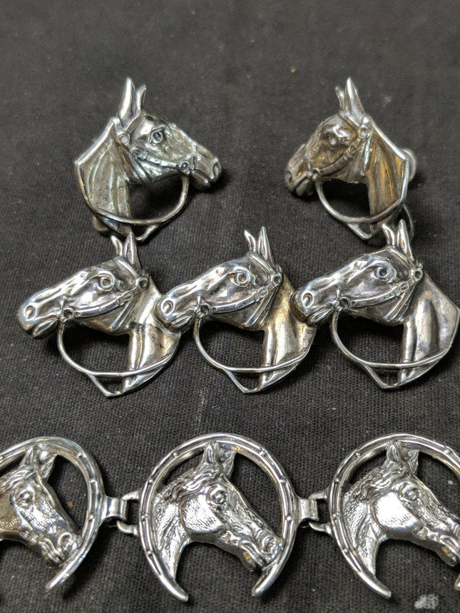 1950's Beau Sterling Horses Brooch Bracelet Screw Back Earrings Set pin - Estate Fresh Austin