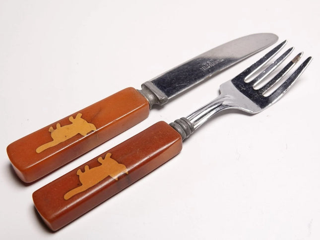 1950's Catalin Childrens Knife and Fork Set with inlaid Cats - Estate Fresh Austin