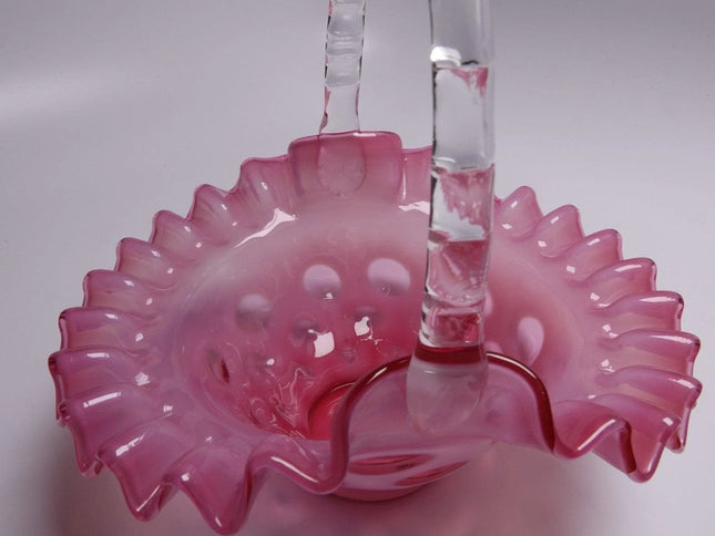 1950's fenton cranberry coin dot opalescent basket 7.5" tall - Estate Fresh Austin