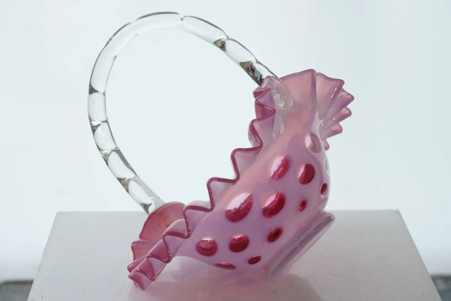 1950's fenton cranberry coin dot opalescent basket - Estate Fresh Austin