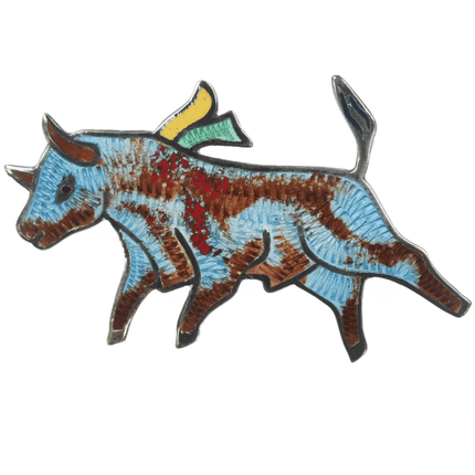 1950's Jeronimo Fuentes Taxco Enamel Bull pin - Estate Fresh Austin