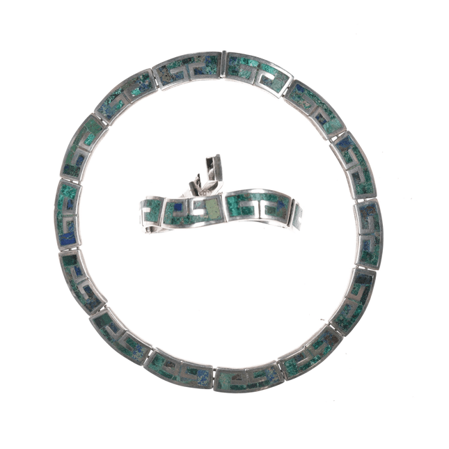 1950's Los Castillo Sterling chrysocolla inlay 14" choker and 7" bracelet - Estate Fresh Austin