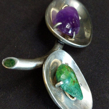 1950's Los Castillo Sterling Silver modernist Turquoise and Malachite Brooch pin - Estate Fresh Austin