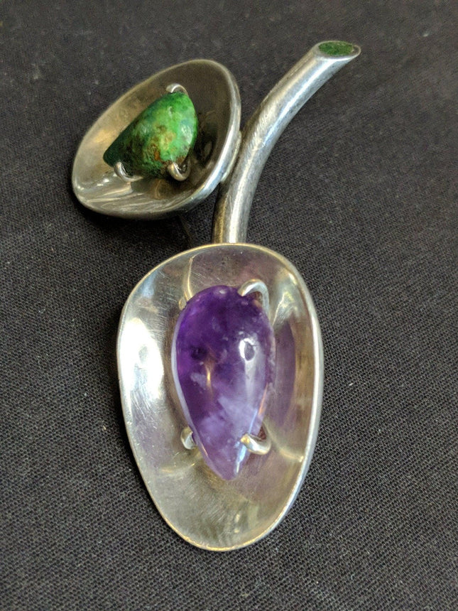 1950's Los Castillo Sterling Silver modernist Turquoise and Malachite Brooch pin - Estate Fresh Austin