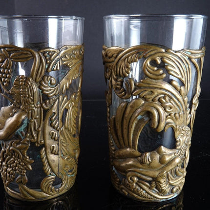 1950's Los Castillo Taxco Brass Adam and Eve Glass Slips with glasses - Estate Fresh Austin